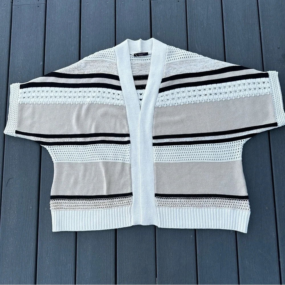 T Tahari Black White and cream Open-Knit Cardigan Officecore